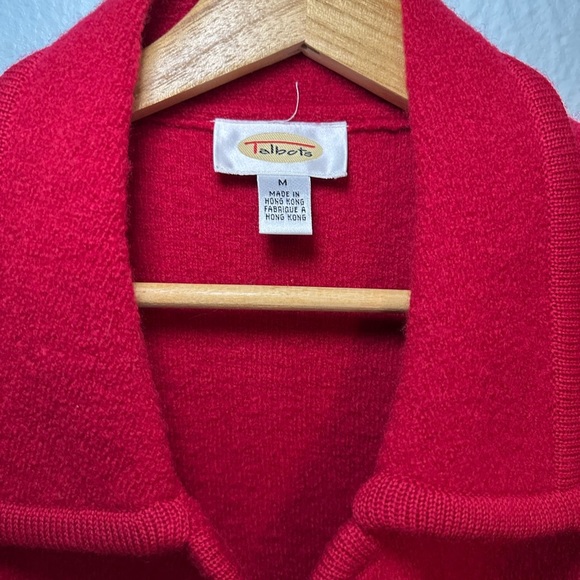 Talbots Cherry Red 100 % Wool Collared Sweater with Silver Buttons - Picture 2 of 8